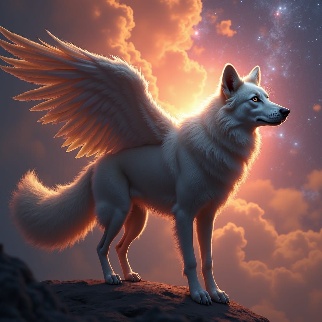 Winged Dog Soars Through Galaxy in Hyperrealistic Style