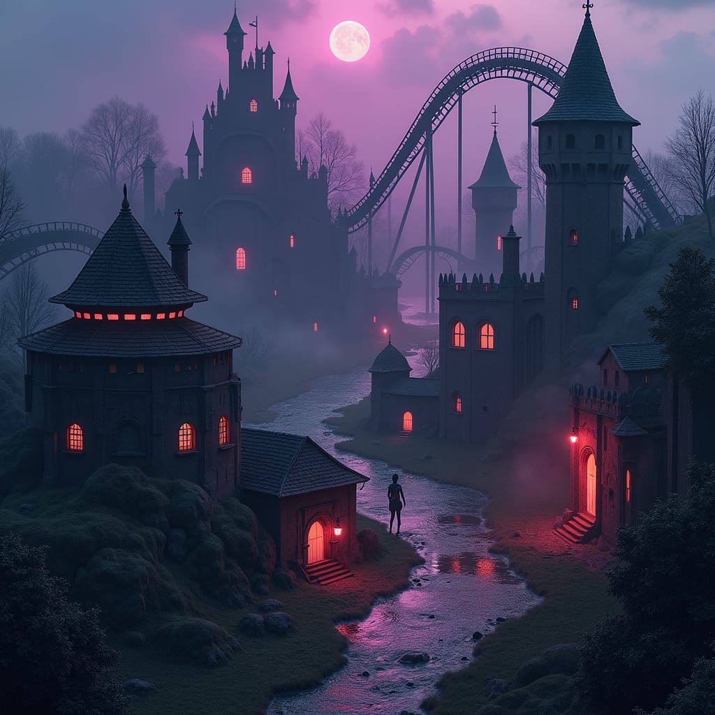 Dark and eerie theme park, isometric view, haunted attractio...