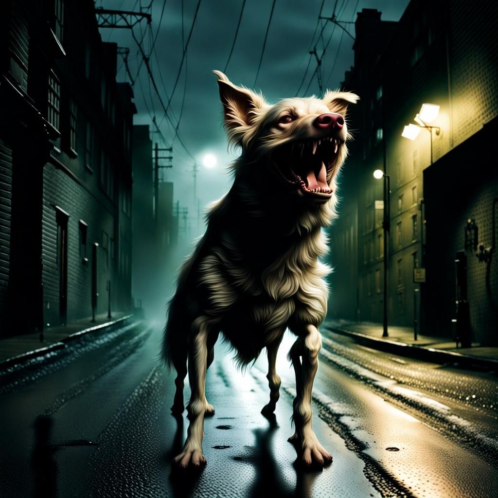 Hyperrealistic Horror: A Scary Dog Barks in the Night