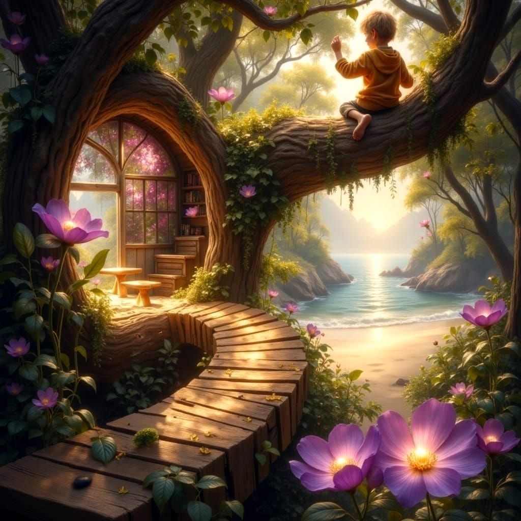 Boy and Cat Slide Down Treehouse to Beach in Antique Style