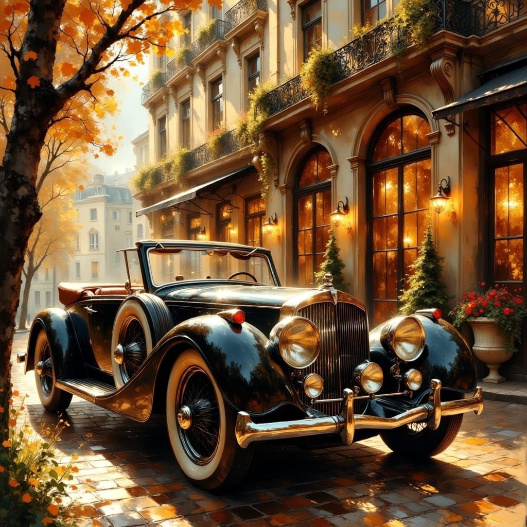 Classic Car at Hotel in Lautrec Style