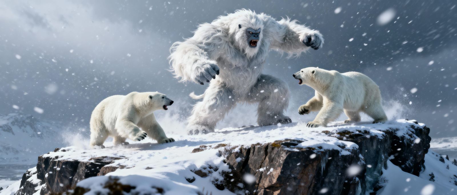 Yeti Battles Polar Bears in Dramatic Snowstorm