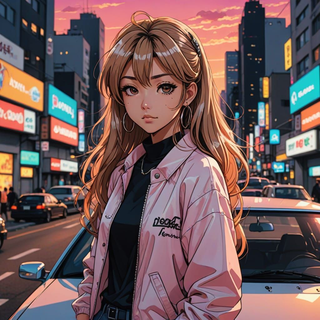 Vibrant Gyaru Girl Leans on Car in Neon-Lit Cityscape, 90's ...