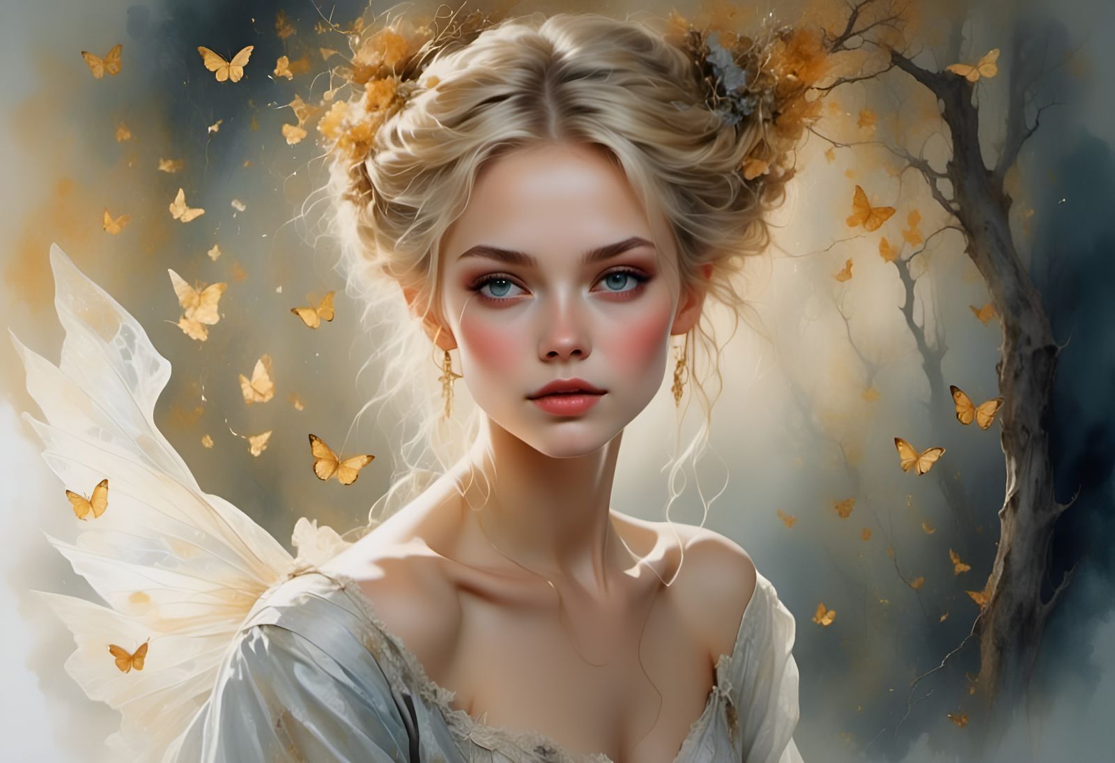 Melancholy Pixie in Watercolor with Fireflies