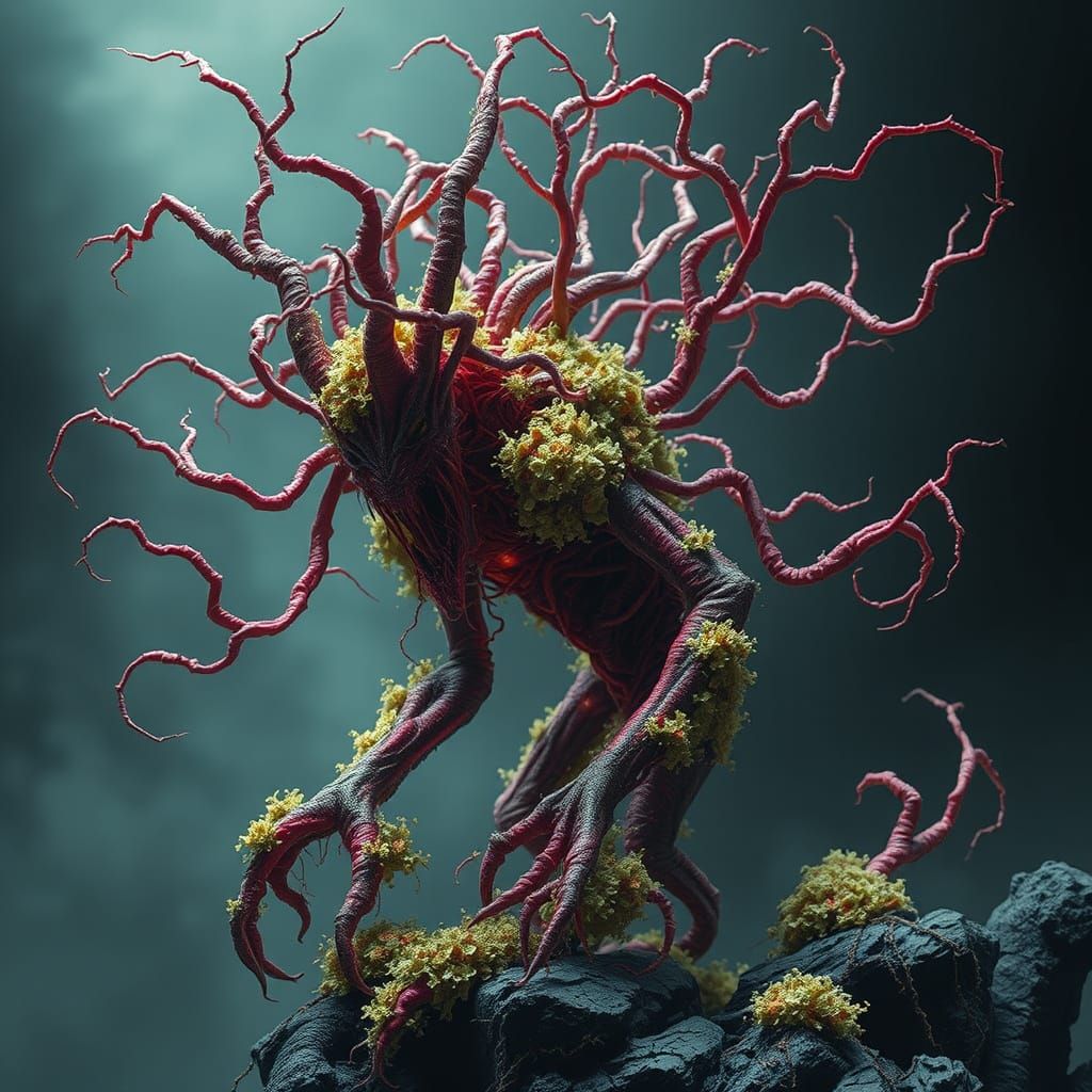 Twisted Lichen Demon in Biomechanical Horror Style