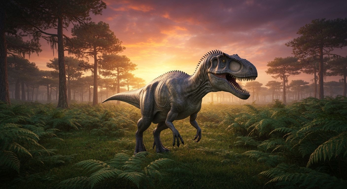 Allosaurus in Prehistoric Landscape with Dramatic Lighting