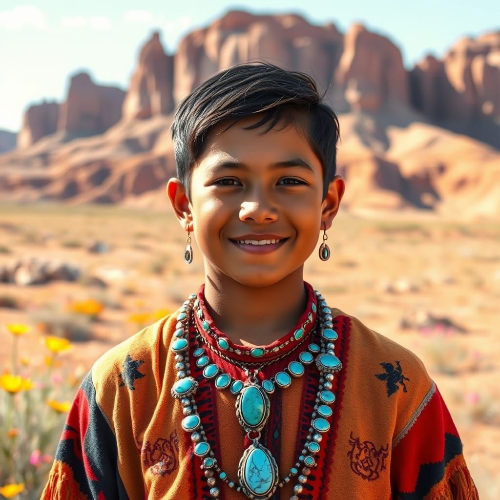 Young Two-Spirit Navajo Boy in Traditional Attire, Desert La...