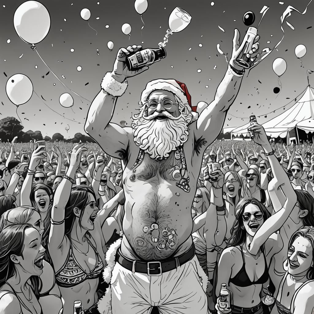 Santa's Glastonbury: A Black and White Ink Illustration