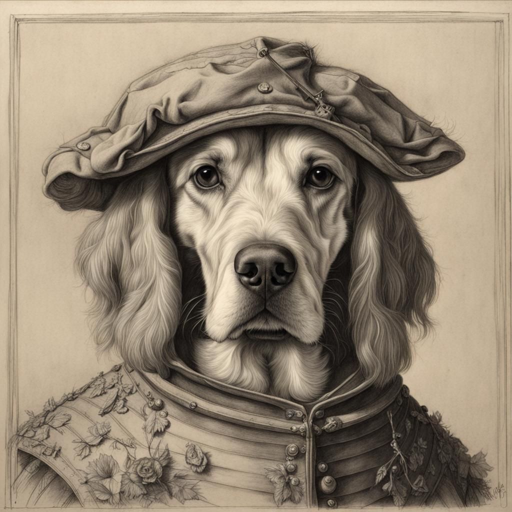 Dog as Huntsman in Charcoal Drawing Style