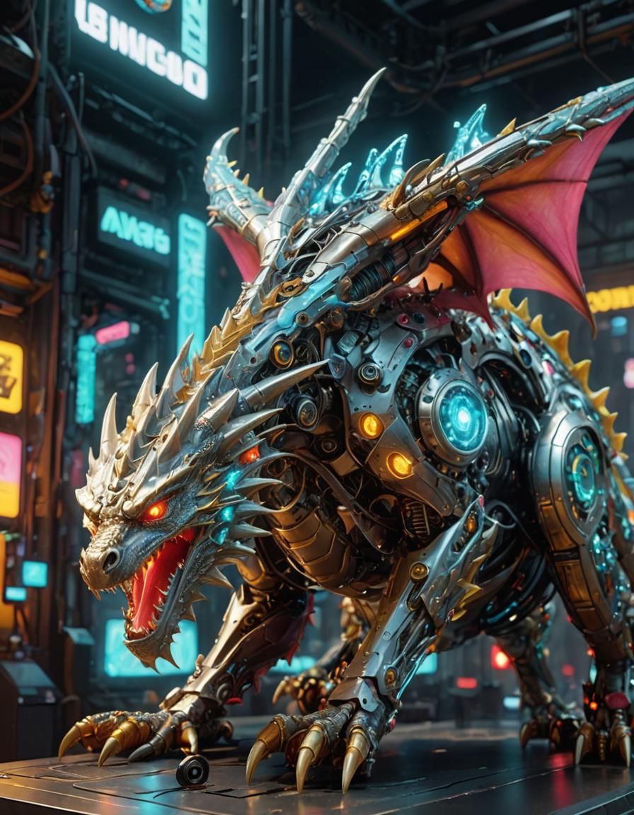 Surreal Cybernetic Dragon Amidst Neon Dreamscape