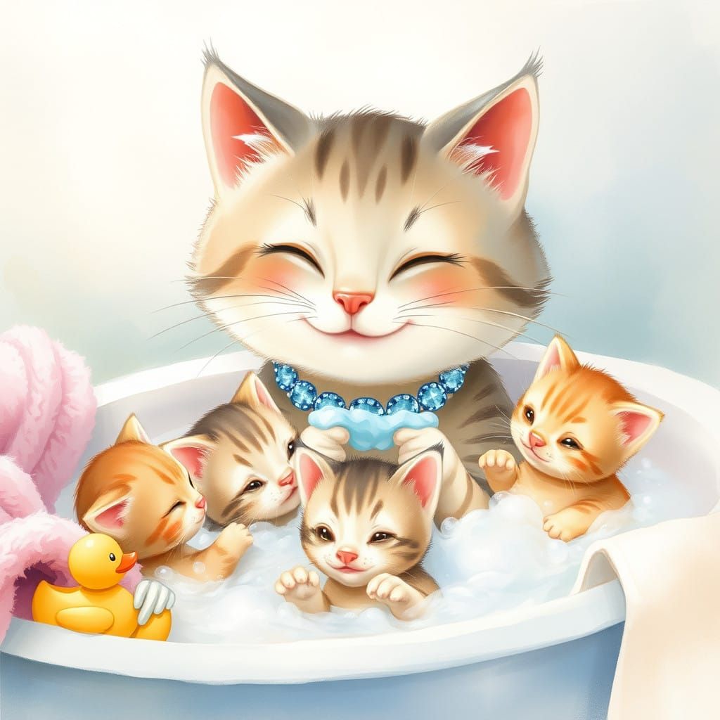 Whimsical Mother Cat Gives Playful Kittens a Soapy Bath