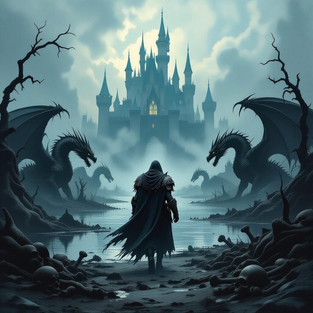 Armored Warrior and Dragons in Dark Fantasy Style