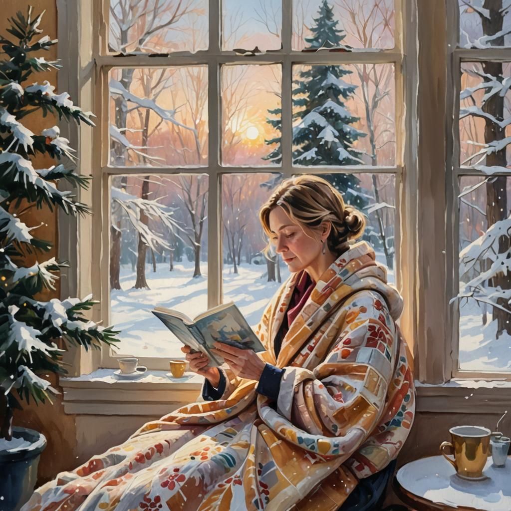 Cozy Winter Reading: Gouache Painting with Warm Light