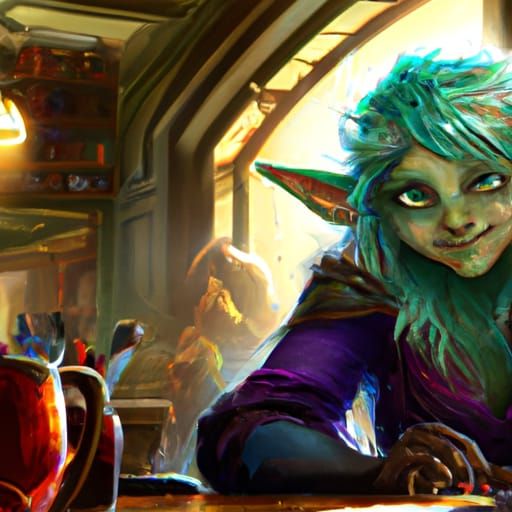 Cute Gremlin Portrait in Monster Cafe, Detailed Art