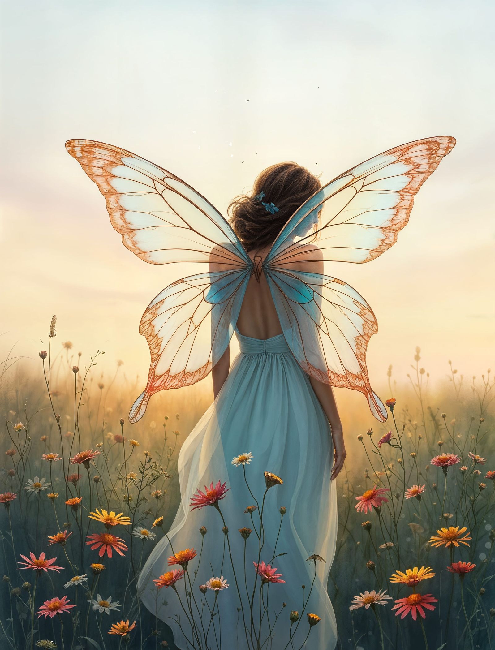 Ethereal Woman in Twilight Field of Wildflowers