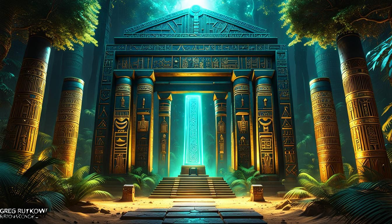 Egyptian Technology Portal in a Fantasy Forest