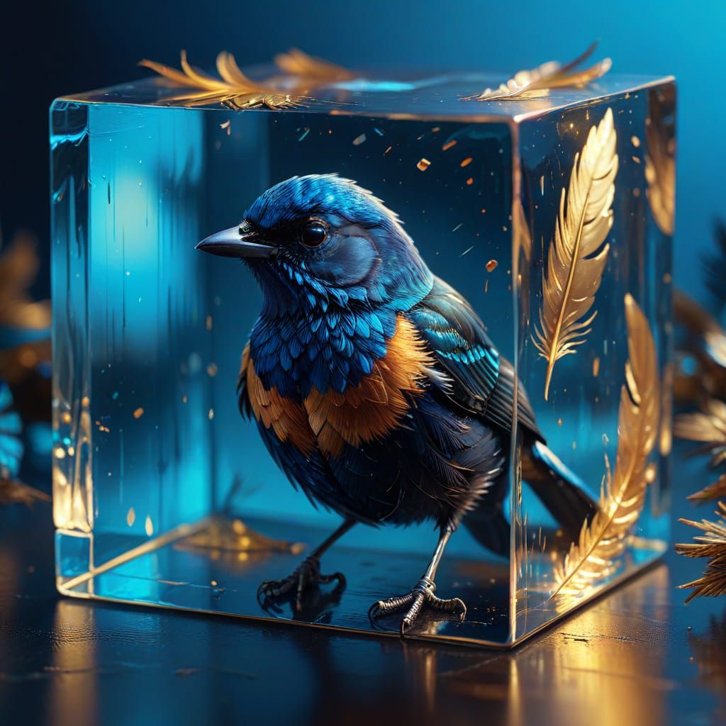 Sparkling Bird in Glass Cube: Vibrant Oil Painting