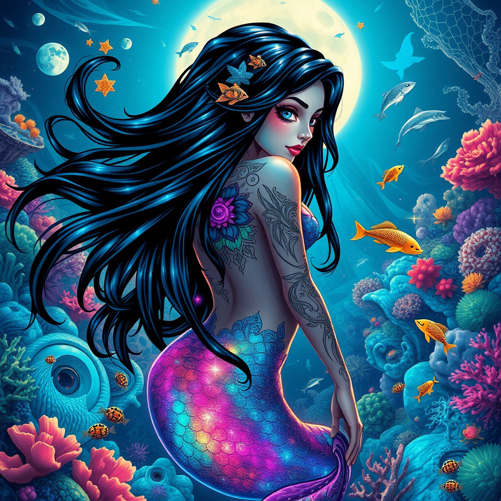 Vibrant Mermaid with Flowing Iridescent Hair