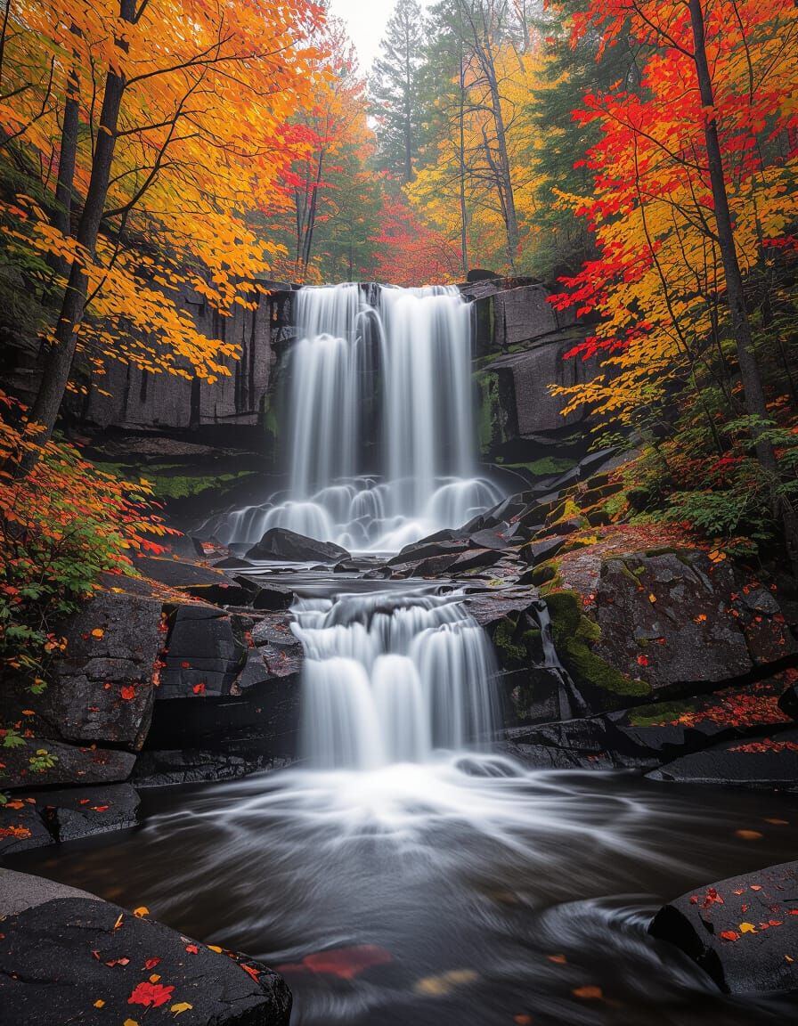Autumn Waterfall Aglow in Fiery Light