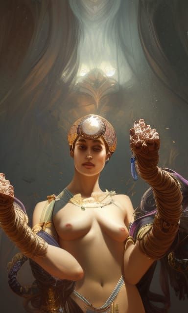 Four-Armed Woman Praying to Stone Idol