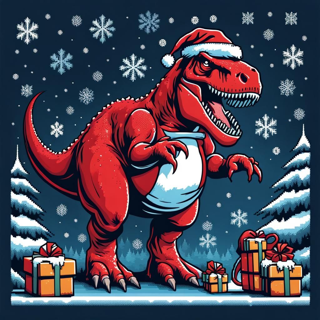 Santa T-Rex Ugly Christmas Sweater Pixel Art