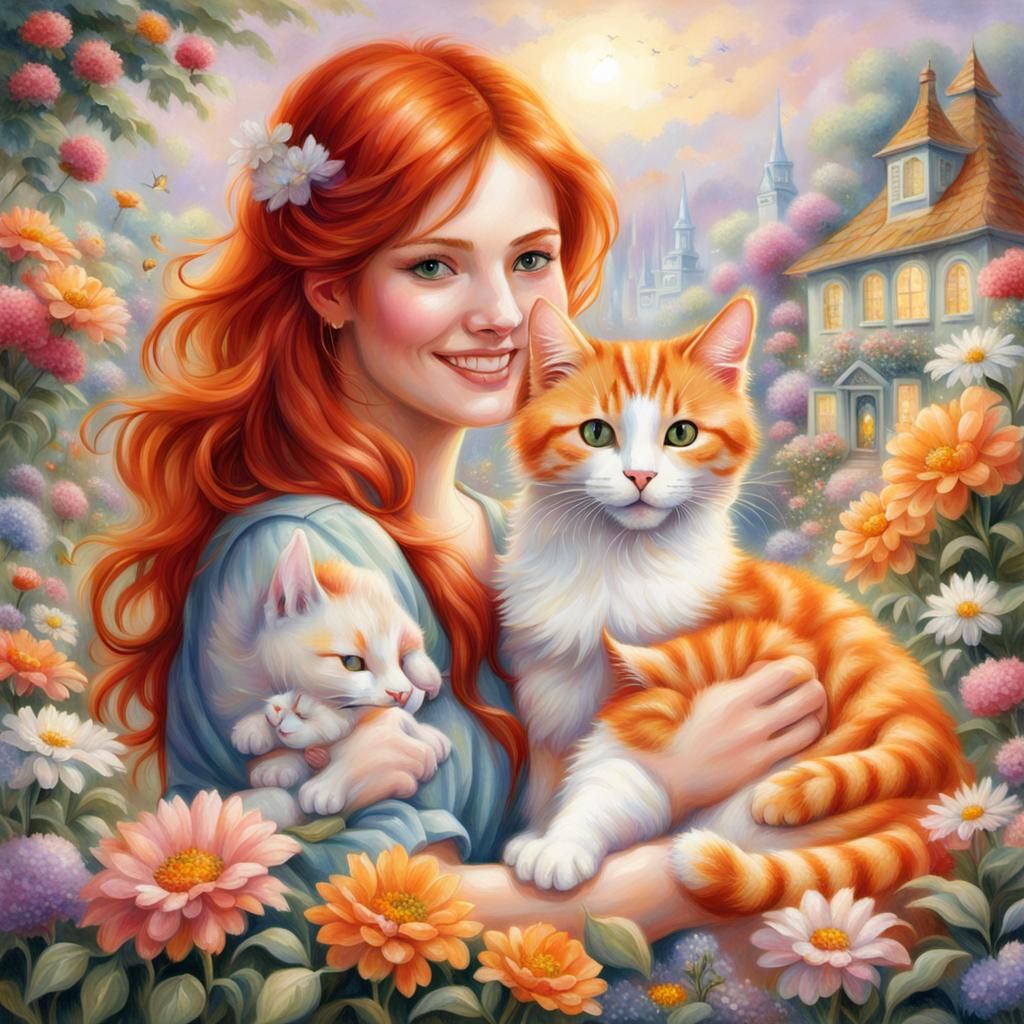 Woman and Cat in Ethereal Floral Fantasy