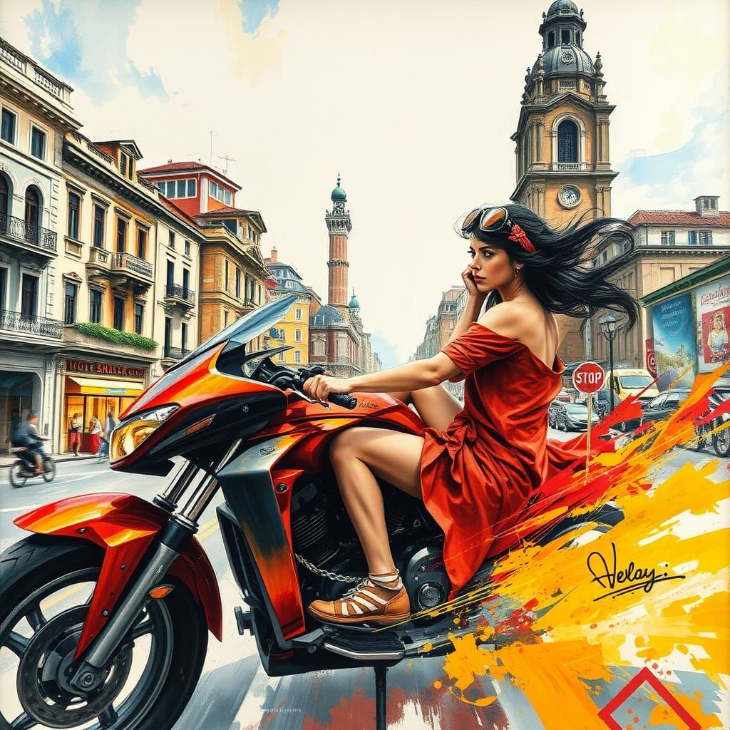 Woman in Sports Car: Detailed Gouache Cityscape