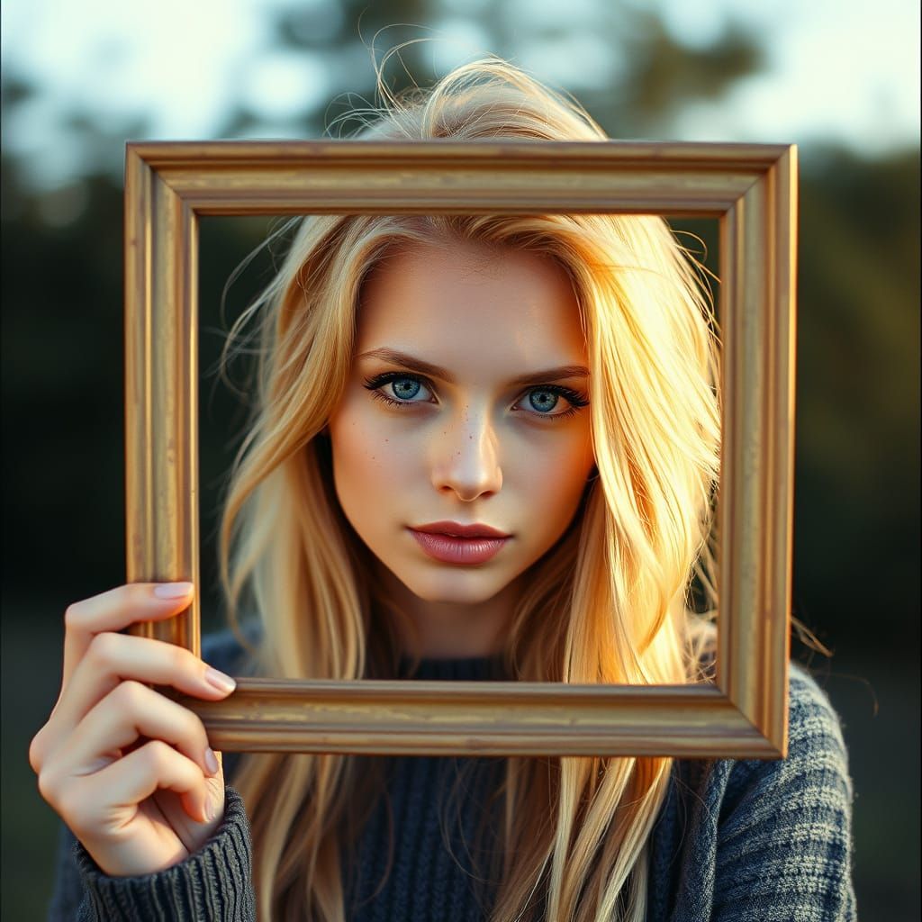 Freckled Woman with Picture Frame in Warm Analog Style