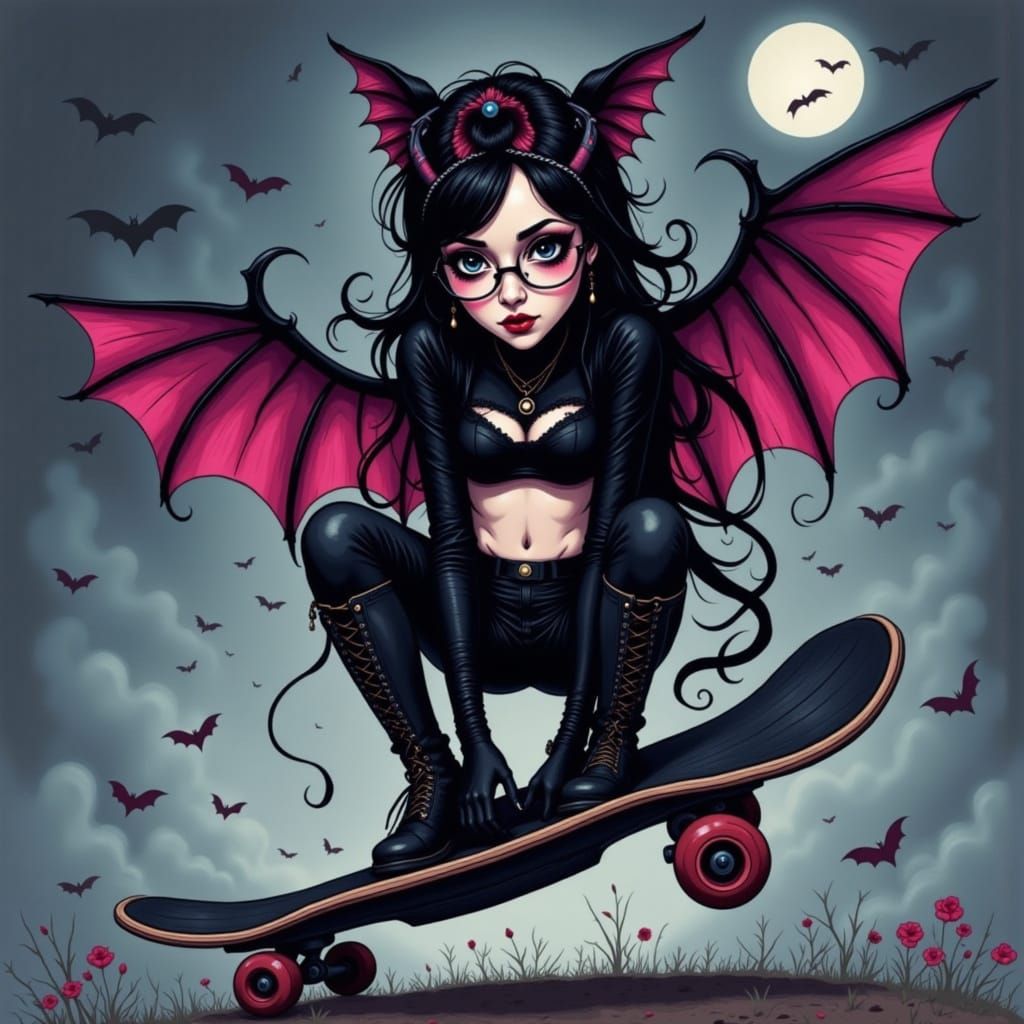 Goth Punk Woman on Skateboard in Cartoon Style