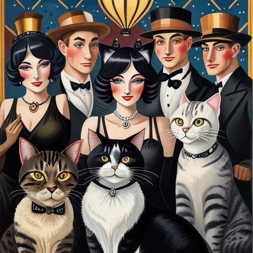 Cats at 1920s Party: Gouache Style Painting