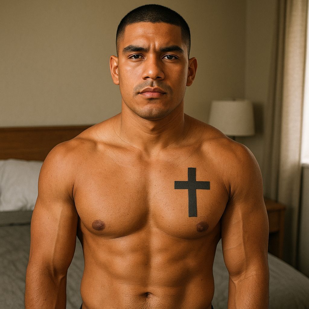 Latino Man with Tattoo in Bedroom