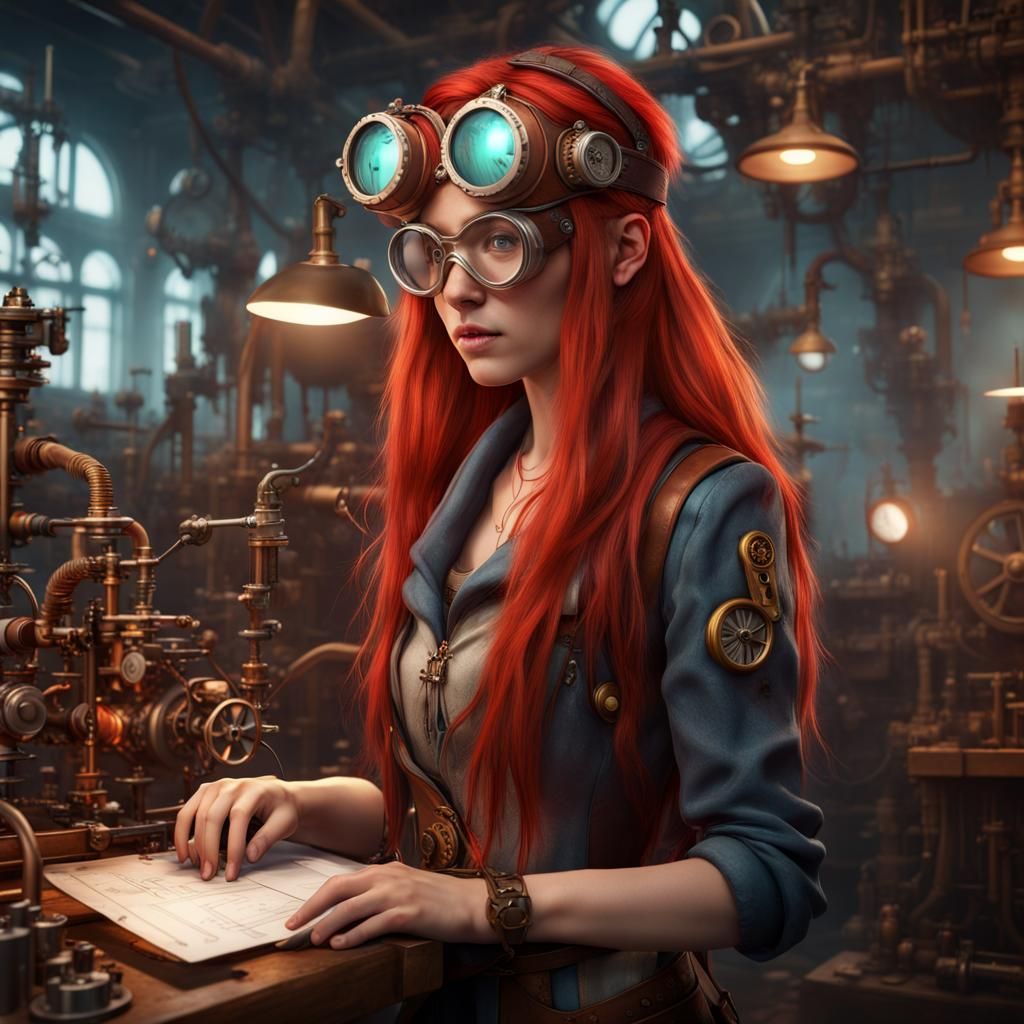 Steampunk Girl in Lab with Mechanical Hand