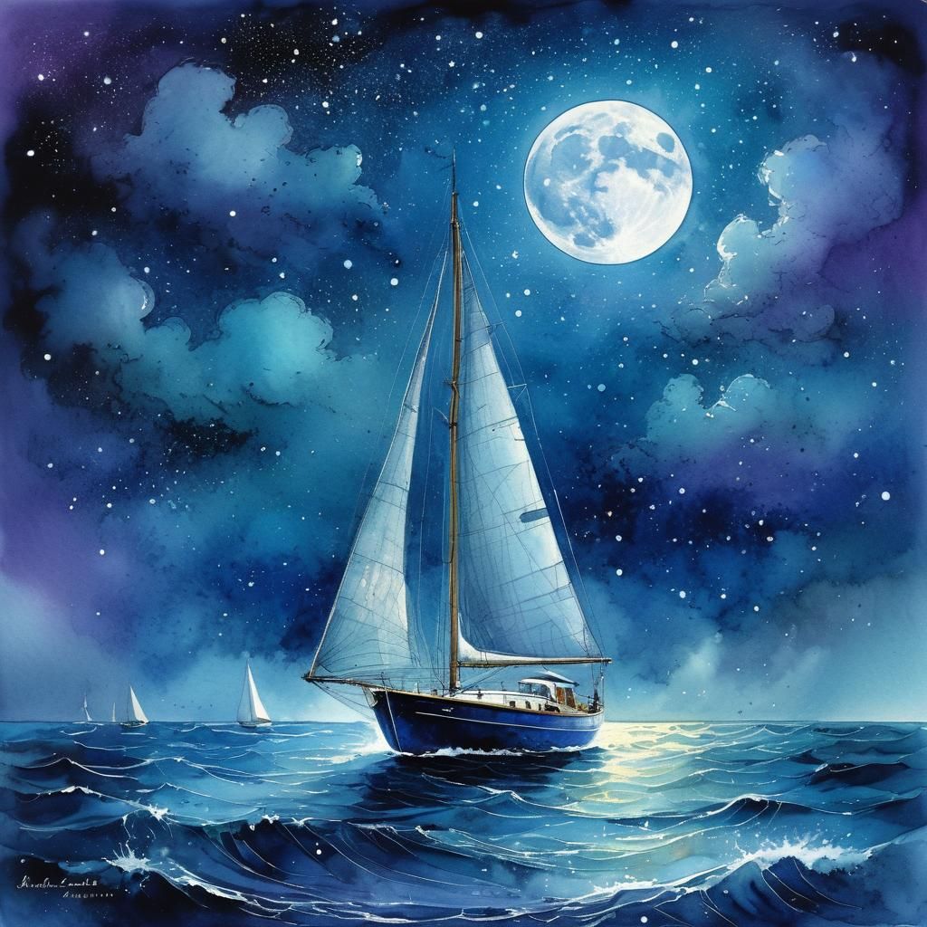 Blue Sailboat Under Moon in Watercolor Style