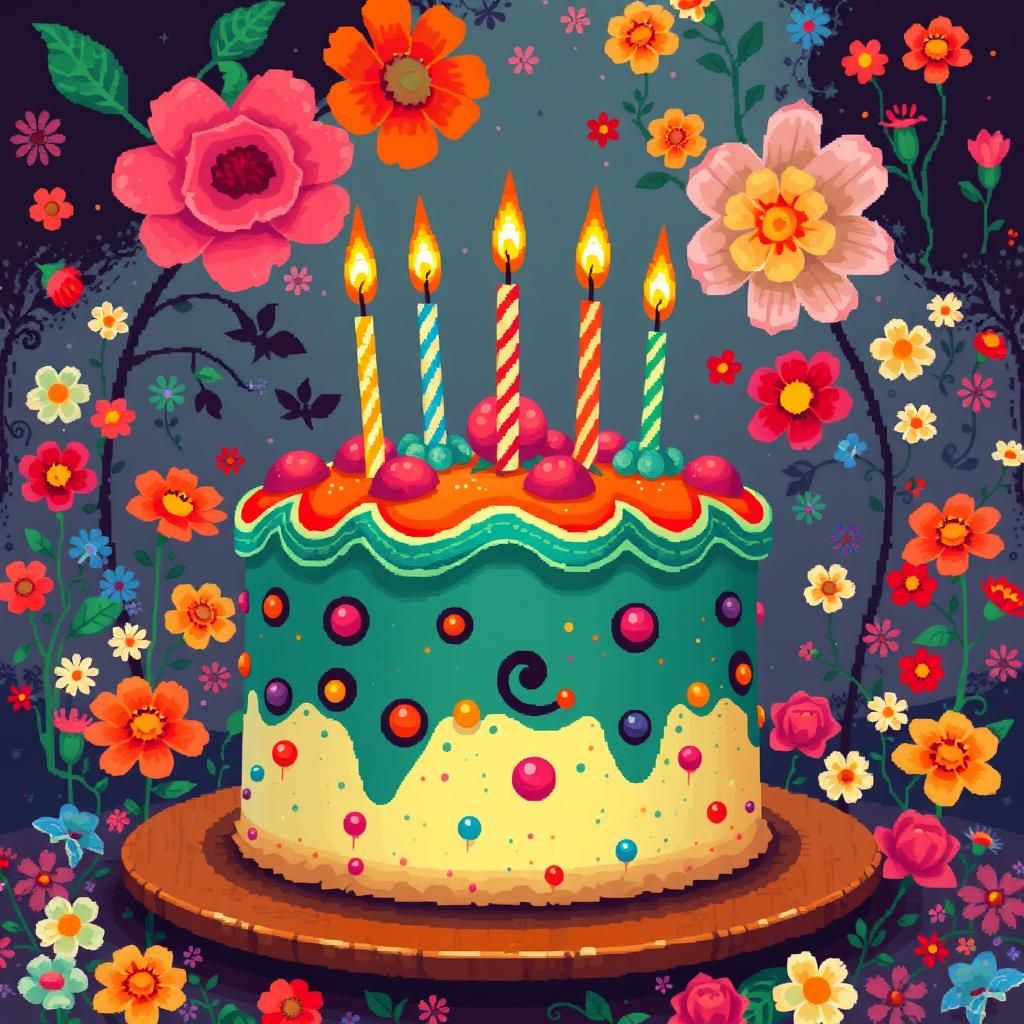Vibrant Pixelated Birthday Cake with Dreamlike Flora