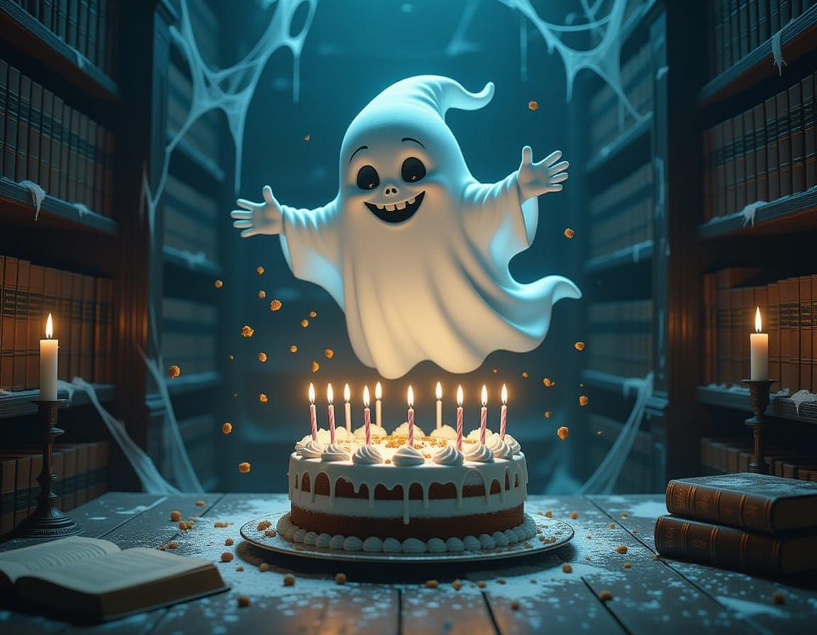 Mischievous Ghost Leaps From Birthday Cake in Library