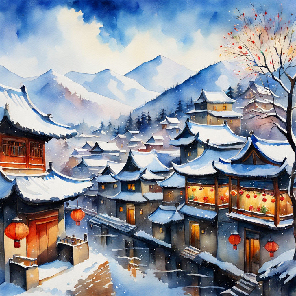 Charming Chinese Village in Watercolor Post-Impressionism St...