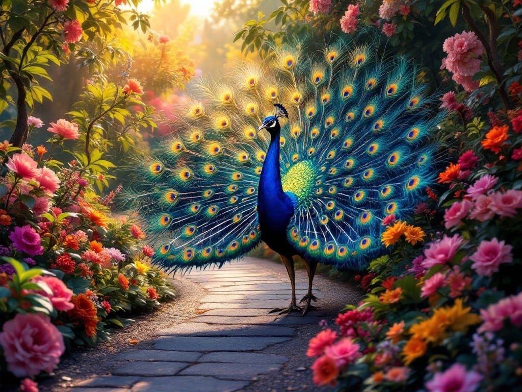 Vibrant Peacock Dazzles in Whimsical City Garden