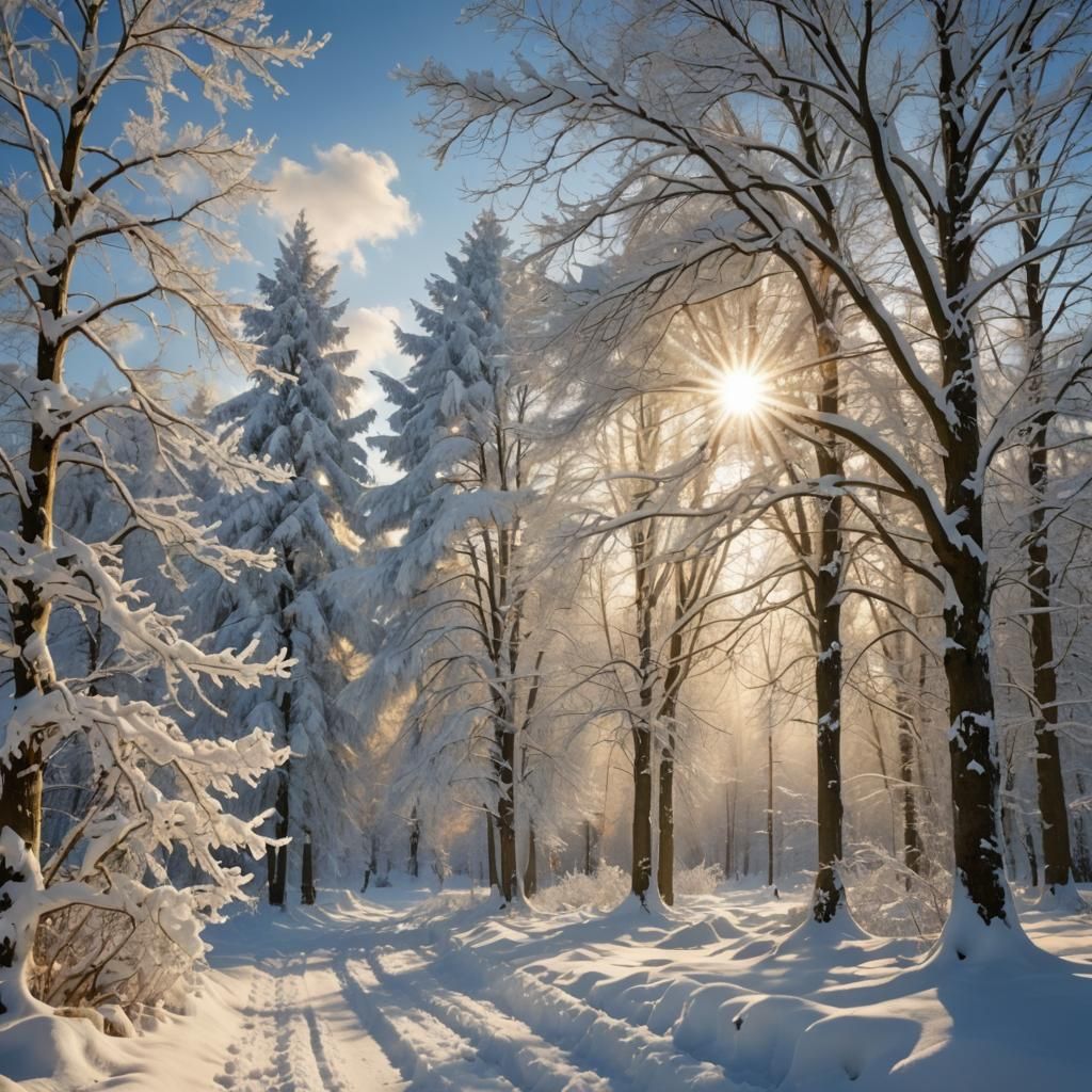 Snowy Landscape at Sunrise with Divine Light