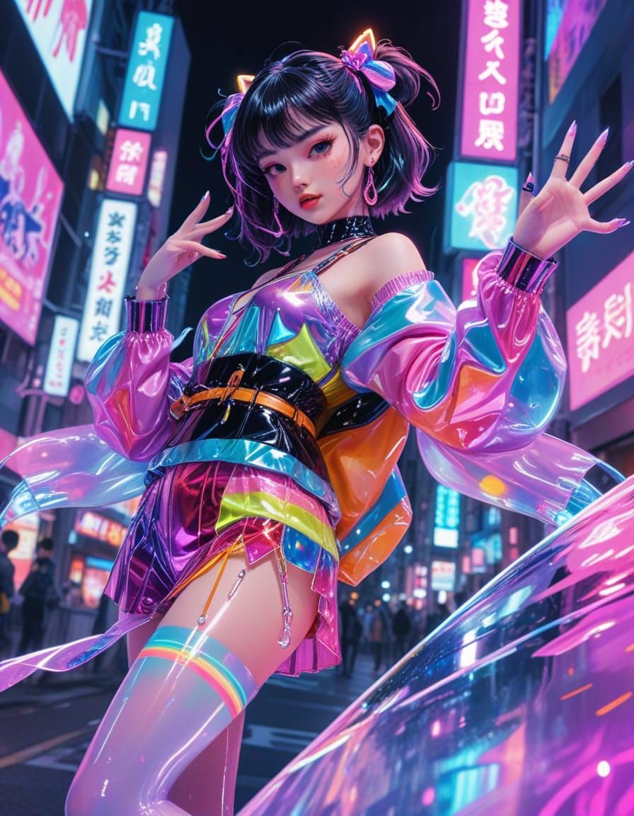 Harajuku Girl Poses in Dazzling Neon Tokyo Lights