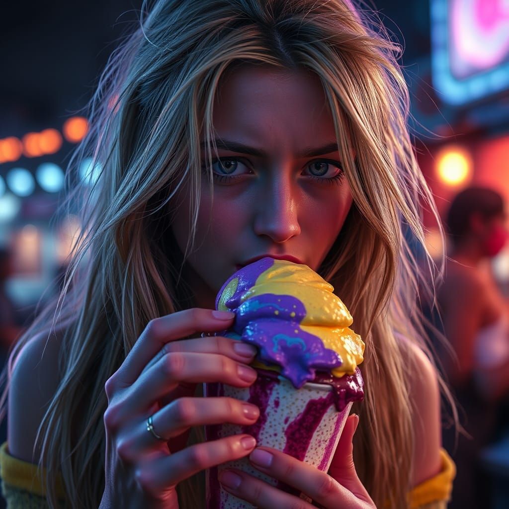 Emotional Woman Eats Ice Cream: Dark Fantasy Art