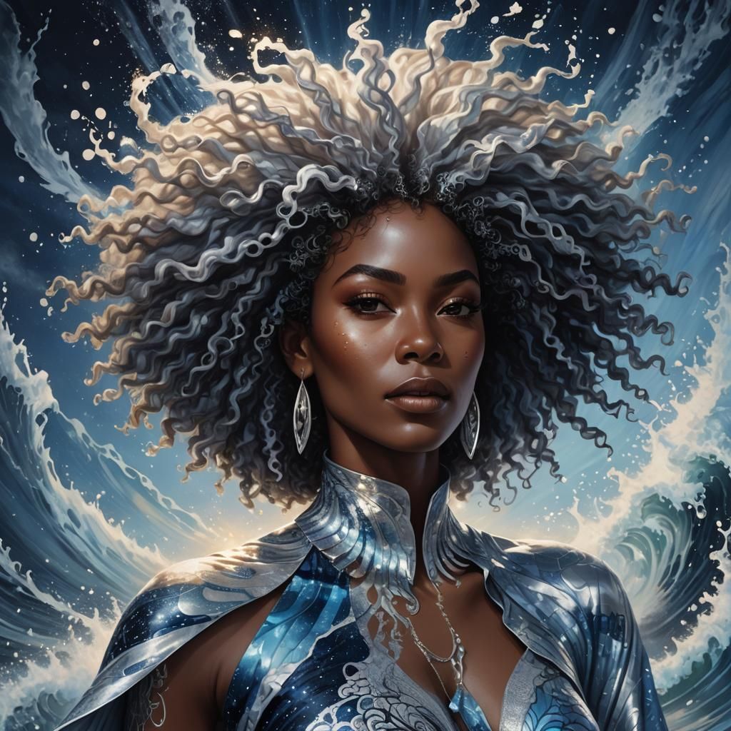 Afrofuturistic Woman Surrounded by Silvery Blue Energy