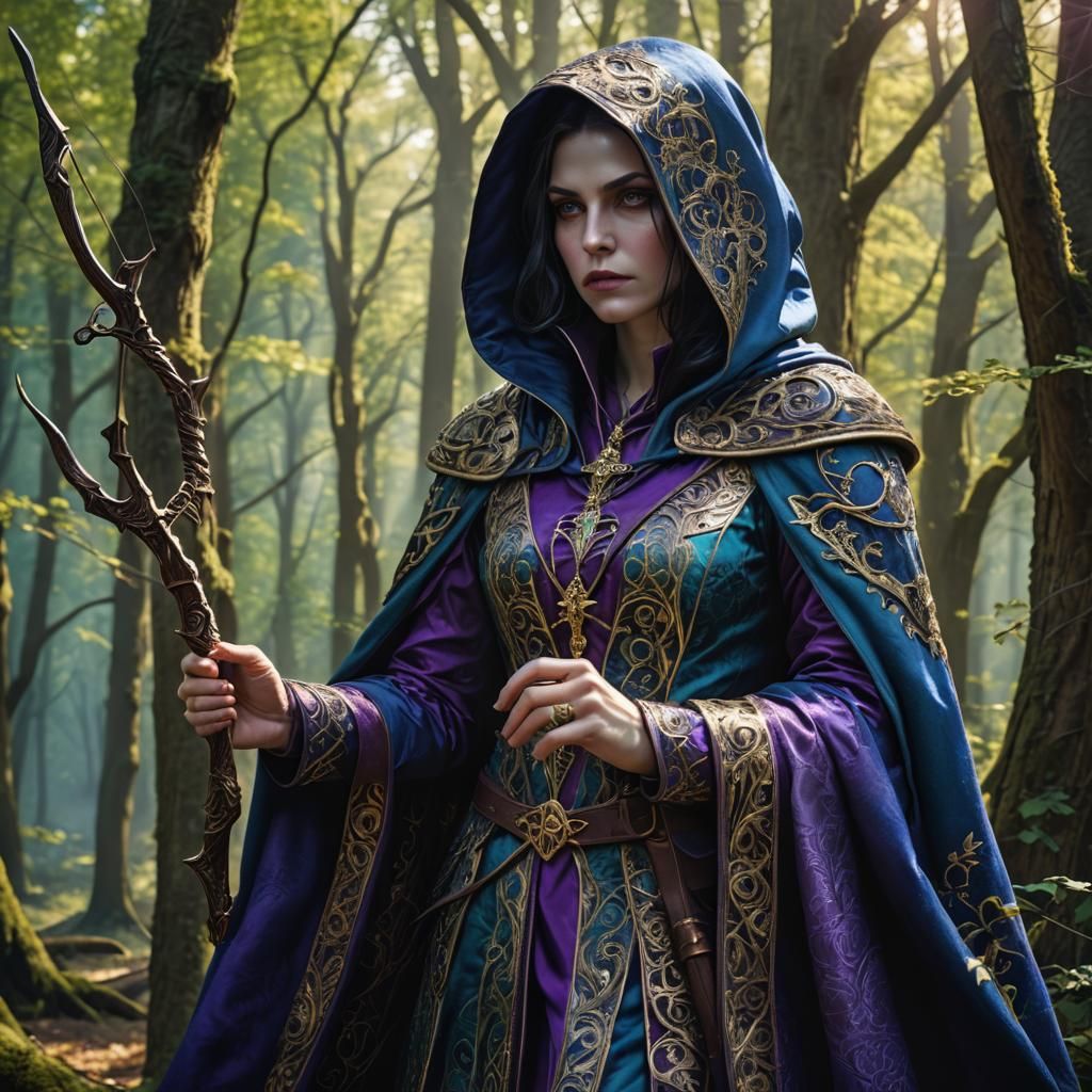 Hooded female vampire archer in the forest. Intricate design...