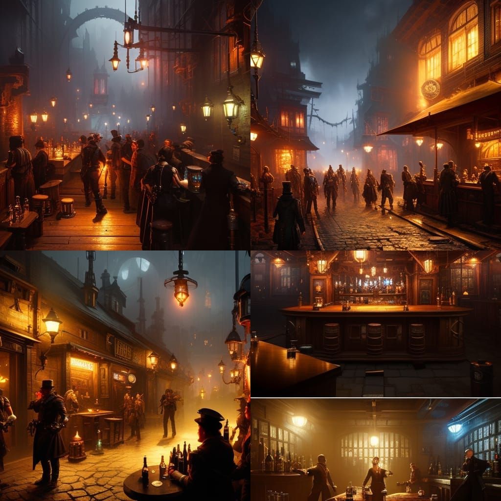 Steampunk Tavern Bar Brawl in Dark Fantasy Style