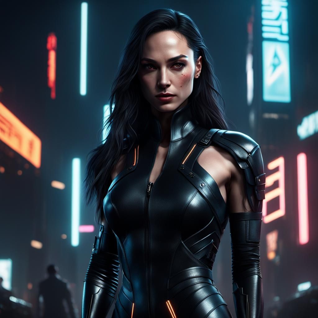 young girl, tall, slender, looks like Gal Gadot, thin sharp facial features, very bright appearance, absolutely black ey...