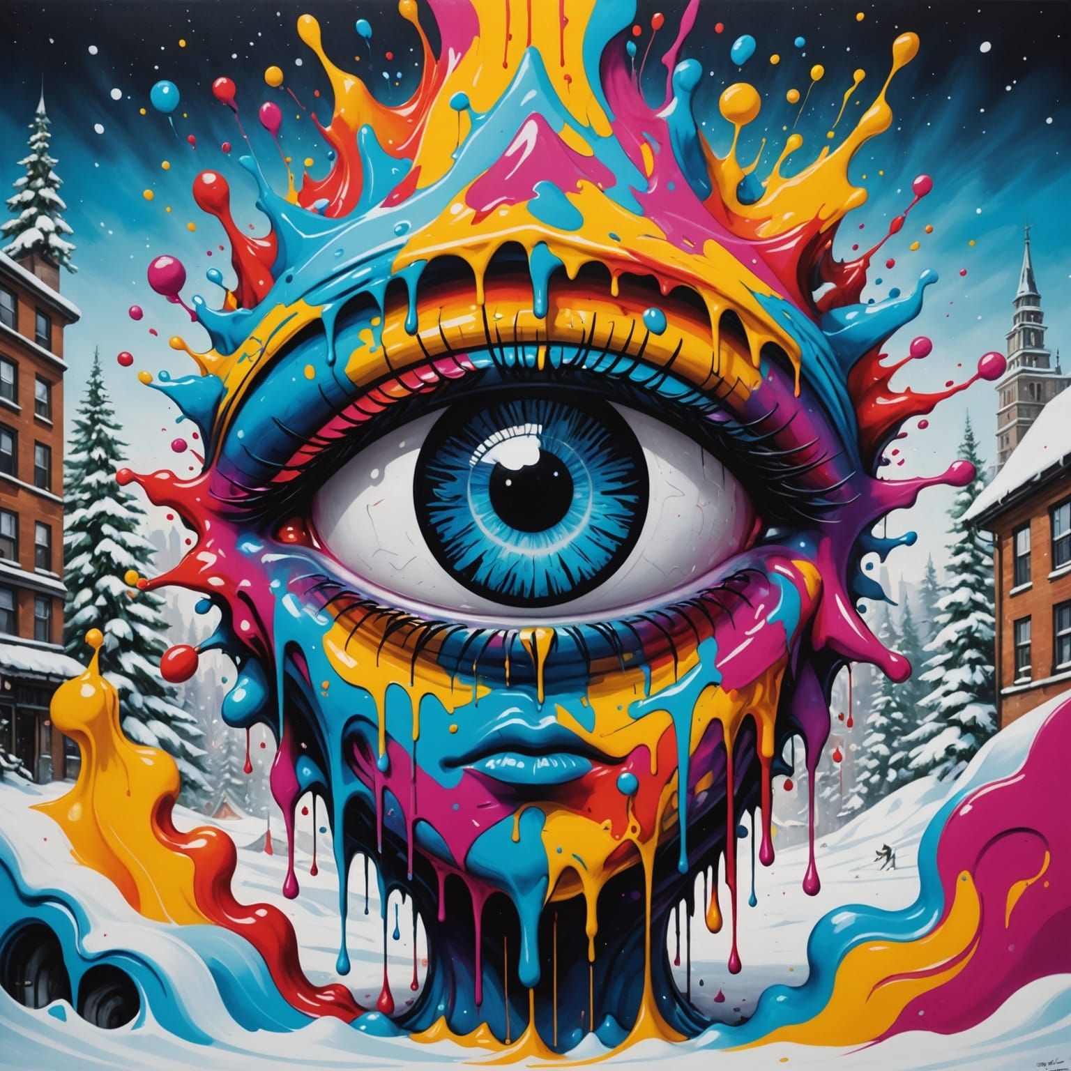 Mystical Street Art in Vibrant Winter Wonderland