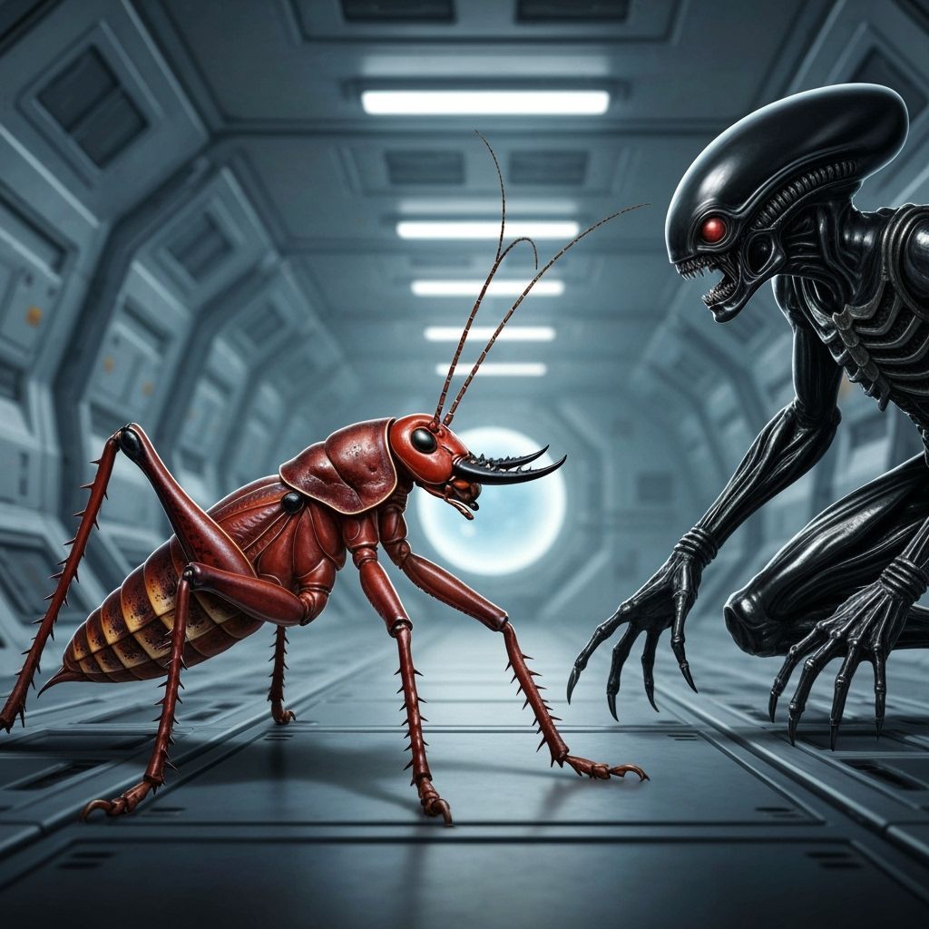 Tusked King Cricket Battles Xenomorph in Sci-Fi Spaceship