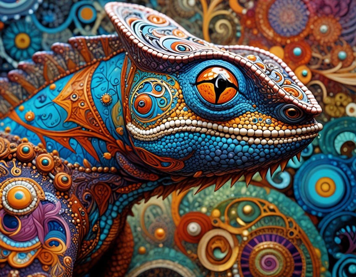 Bohemian Chameleon in Surreal Gustav Klimt Style