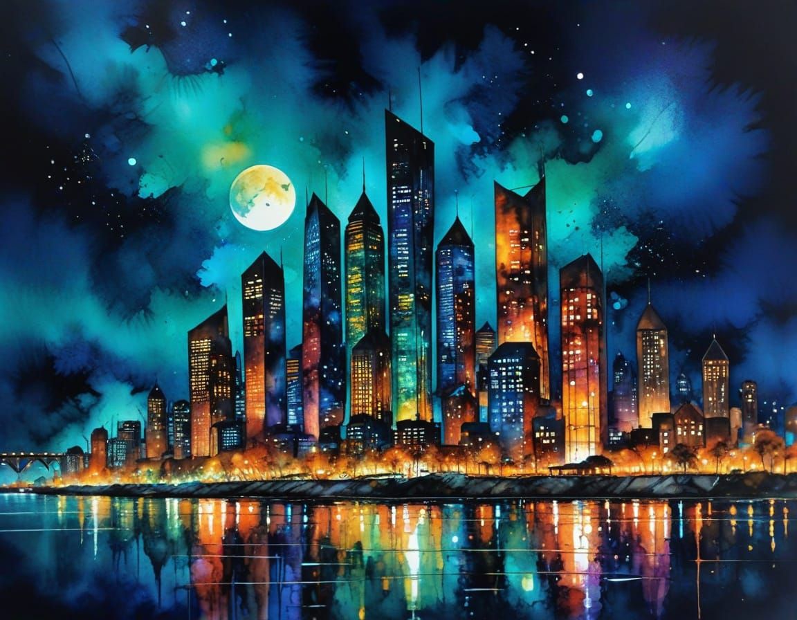 ALCOHOL INK, urban NIGHT megastructure