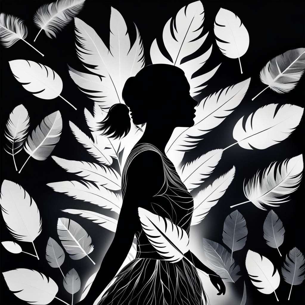 Surreal Photogram of Girl with Birds and Feathers