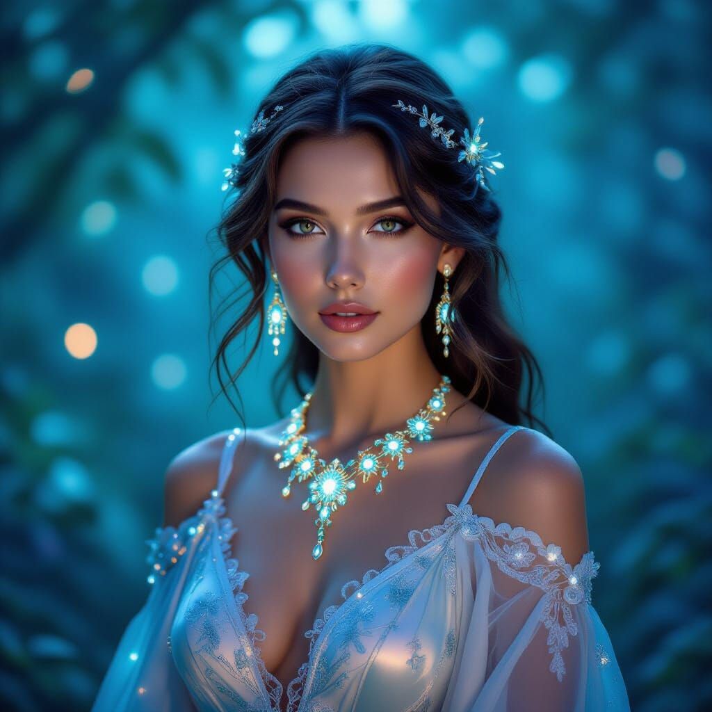 Ethereal Woman in Bioluminescent Forest with Celestial Jewel...